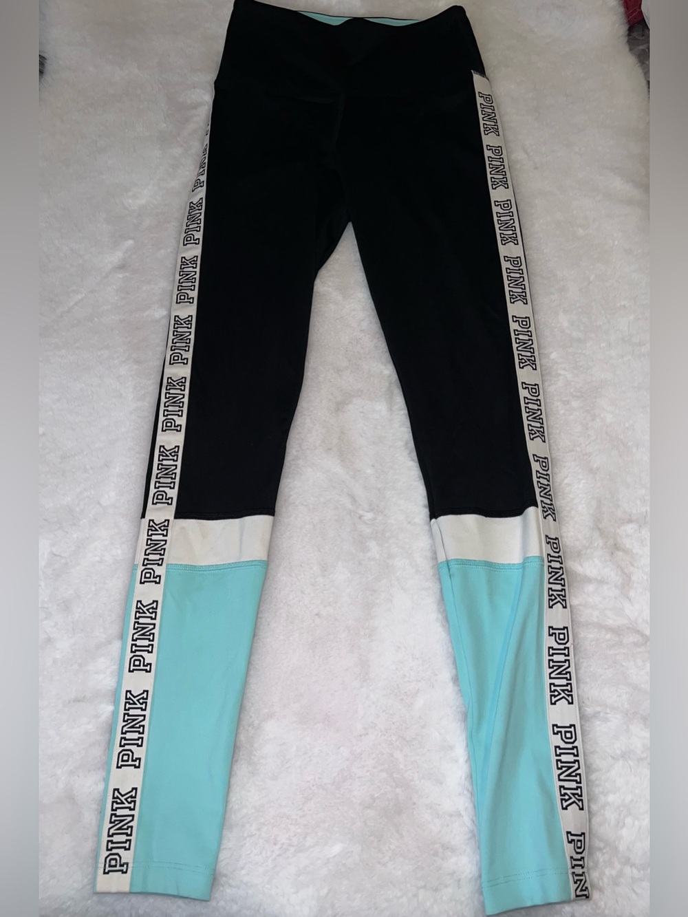 PINK Victoria's Secret Black, White and Aqua Colorblock Leggings